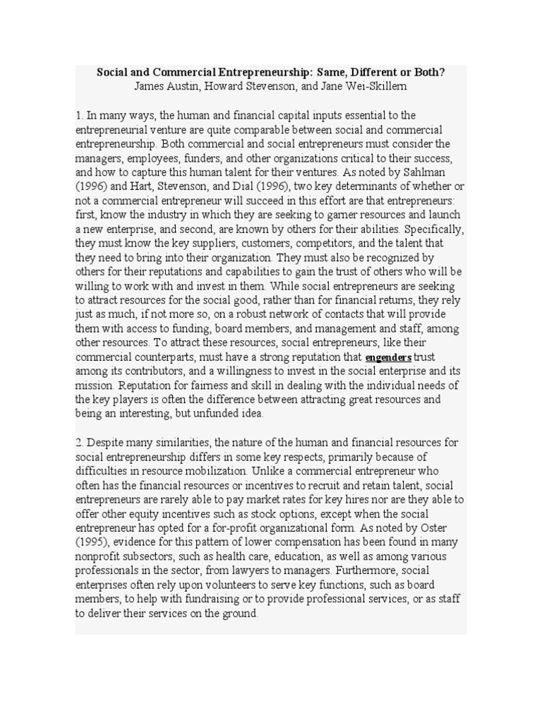 Social and Commercial Entrepreneurship | PDF | Social Entrepreneurship ...