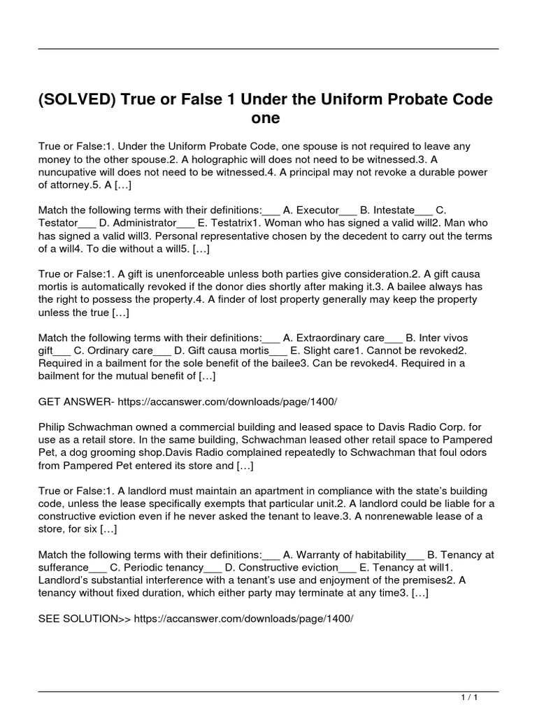 Solved True or False 1 Under The Uniform Probate Code One | PDF ...