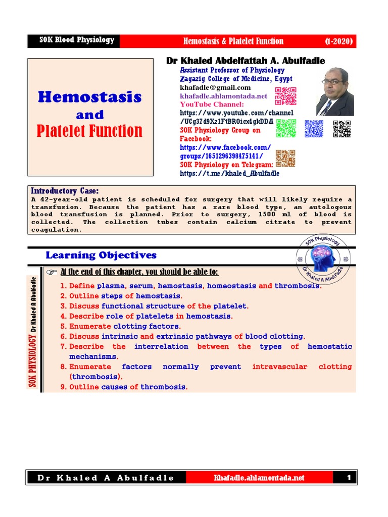 Hemostasis and Platelet Function Overview | PDF | Coagulation | Platelet