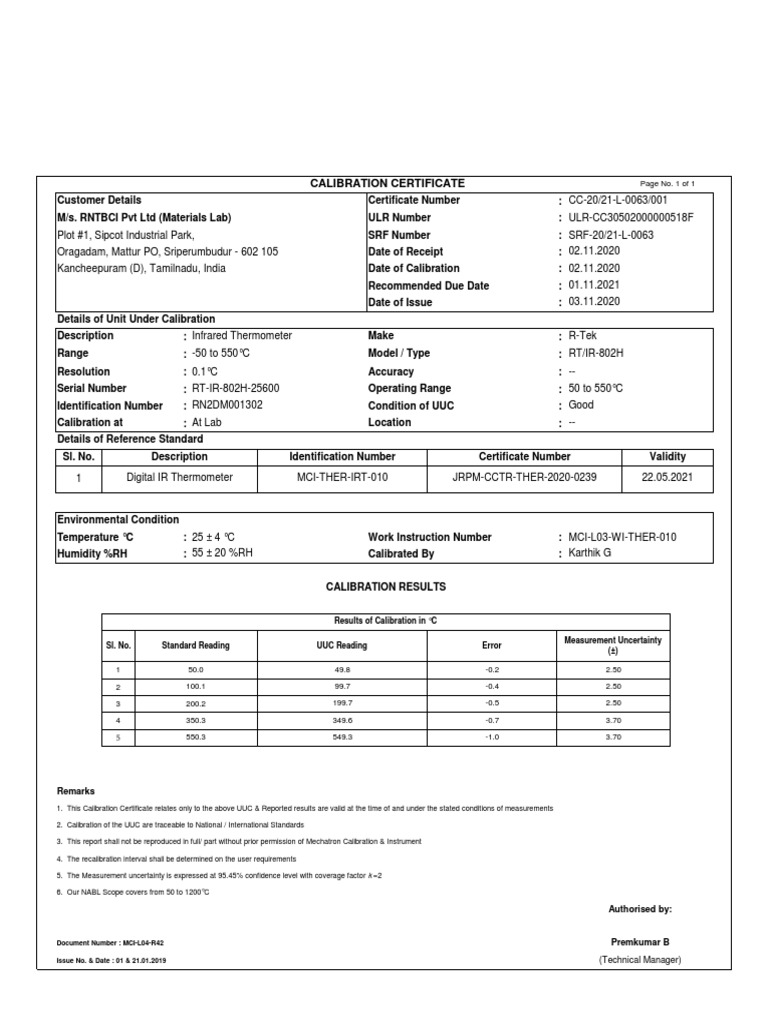 Calibration Certificate Page No. 1 of 1 PDF Thermometer Calibration