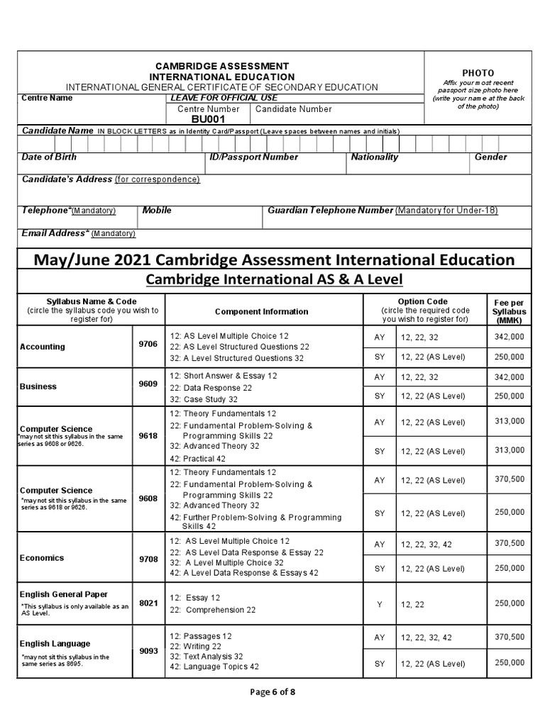 CAIE A and As Level Registration MJ2021 Form PDF Identity