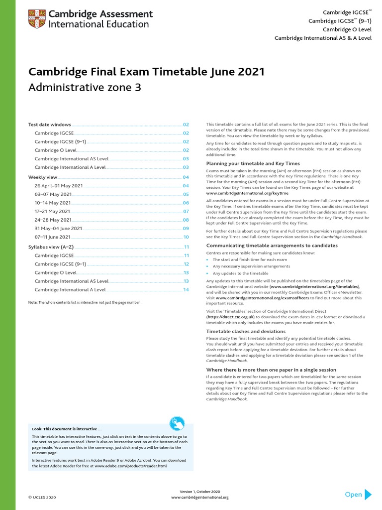Cambridge Final Exam Timetable June 2021 Administrative Zone 3 PDF