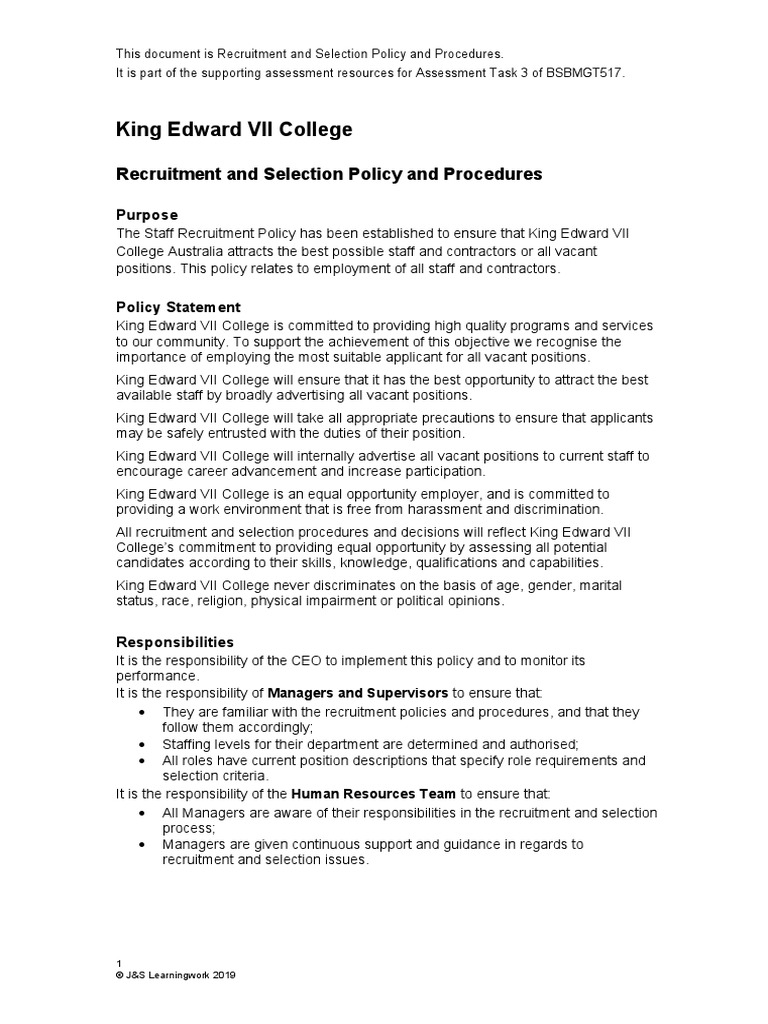 Recruitment and Selection Policy and Procedures | PDF 