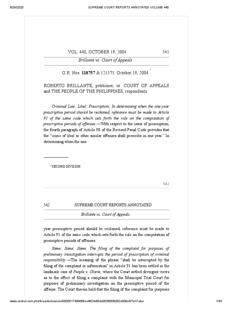 Brillante Vs CA PDF Defamation Statute Of Limitations