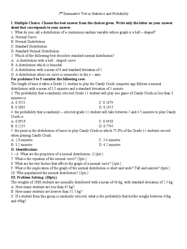 Grade 11 Statistics 2nd Summative Test | PDF | Teaching Methods & Materials