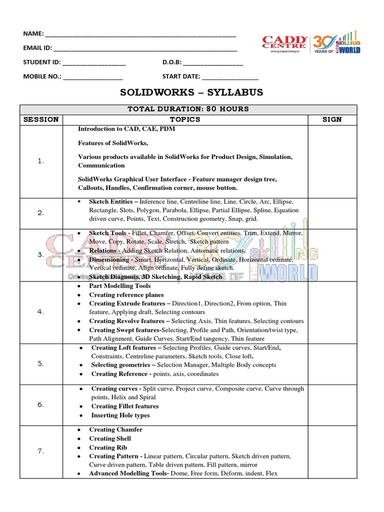 Solidworks - Syllabus: Total Duration: 80 Hours Session Topics Sign ...