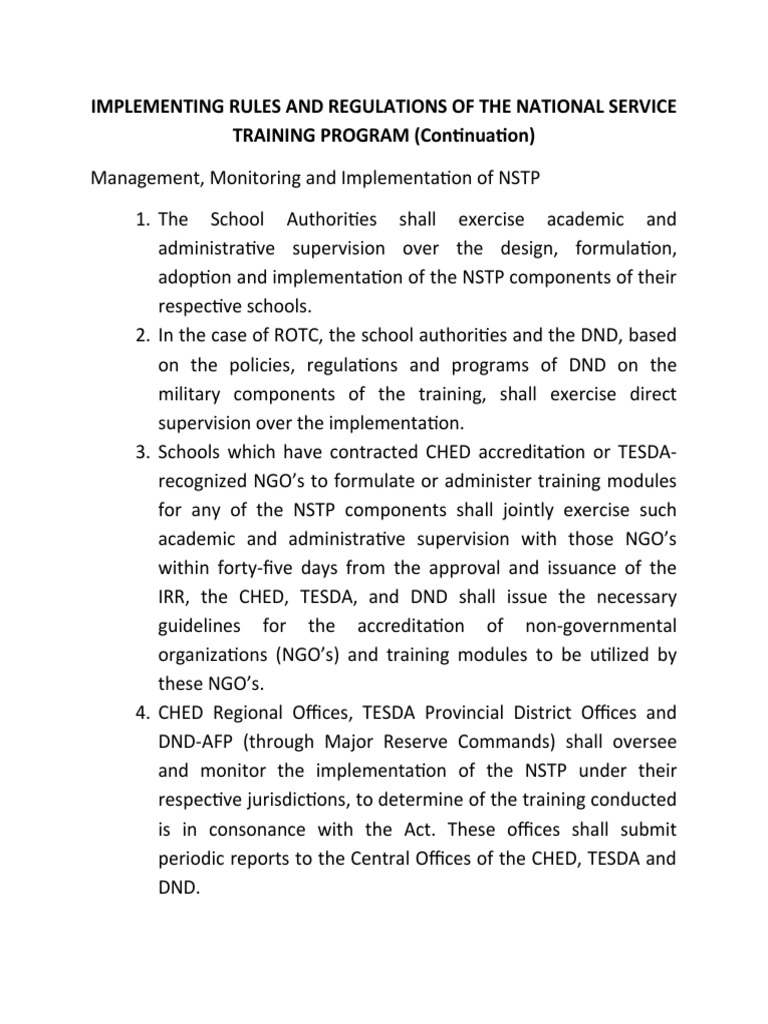 Implementing Rules and Regulations of The National Service TRAINING