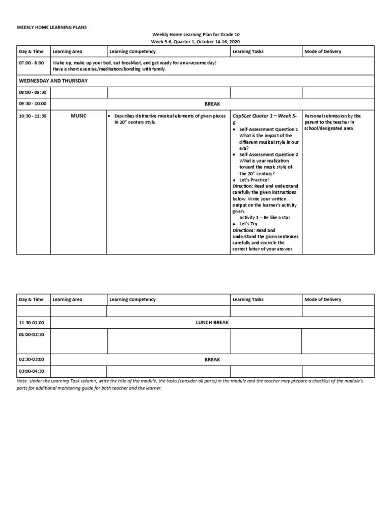 Grade 10 Weekly Learning Plan: Oct 2020 | PDF | Educational Psychology ...