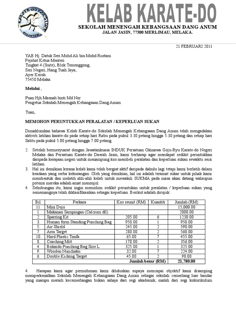 Surat Rasmi Permohonan Meminjam Peralatan Sukan - ARasmi