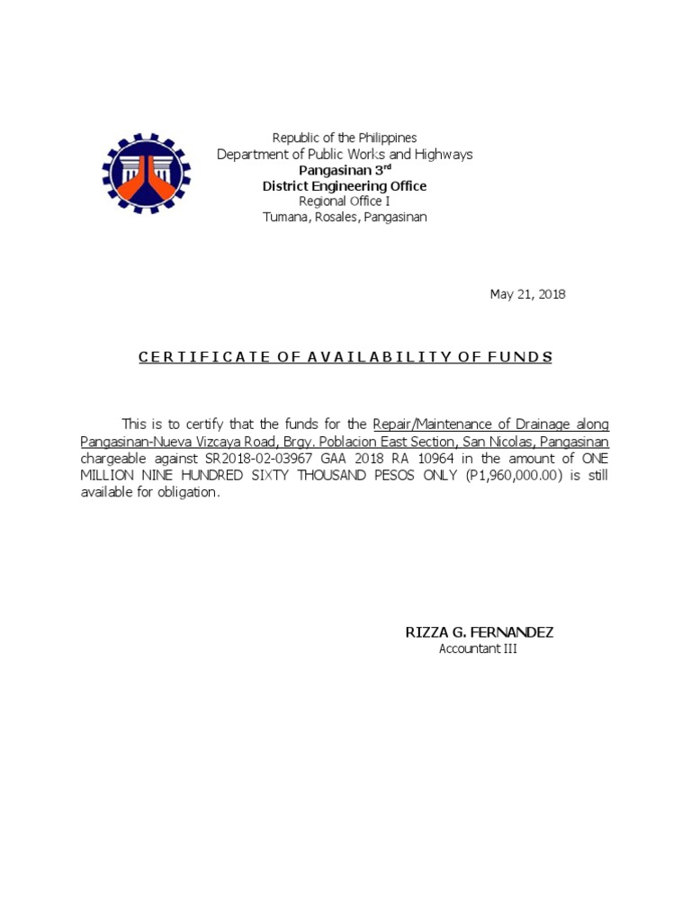 Certificate of Availability of Funds Republic of The Philippines PDF