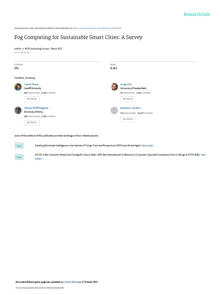 Fog Computing for Smart Cities Survey | PDF | Internet Of Things ...