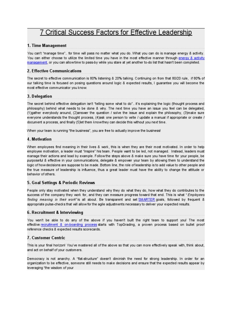 7 Critical Success Factors For Effective Leadership | PDF | Leadership ...