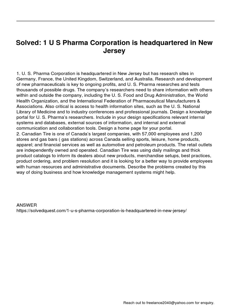 1 U S Pharma Corporation Is Headquartered in New Jersey PDF