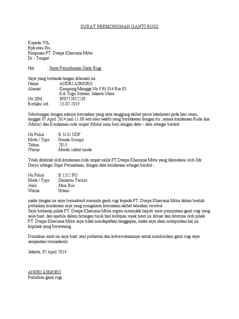 Surat Permohonan Ganti Rugi Pdf