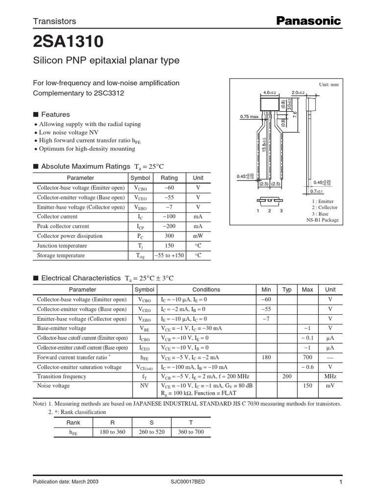 Silicon PNP Epitaxial Planar Type: Transistors | PDF