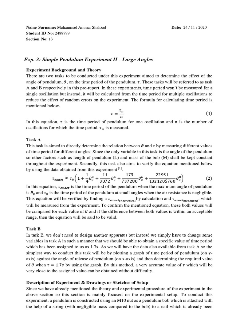 Large Angle Simple Pendulum Experiment | PDF | Pendulum | Experiment
