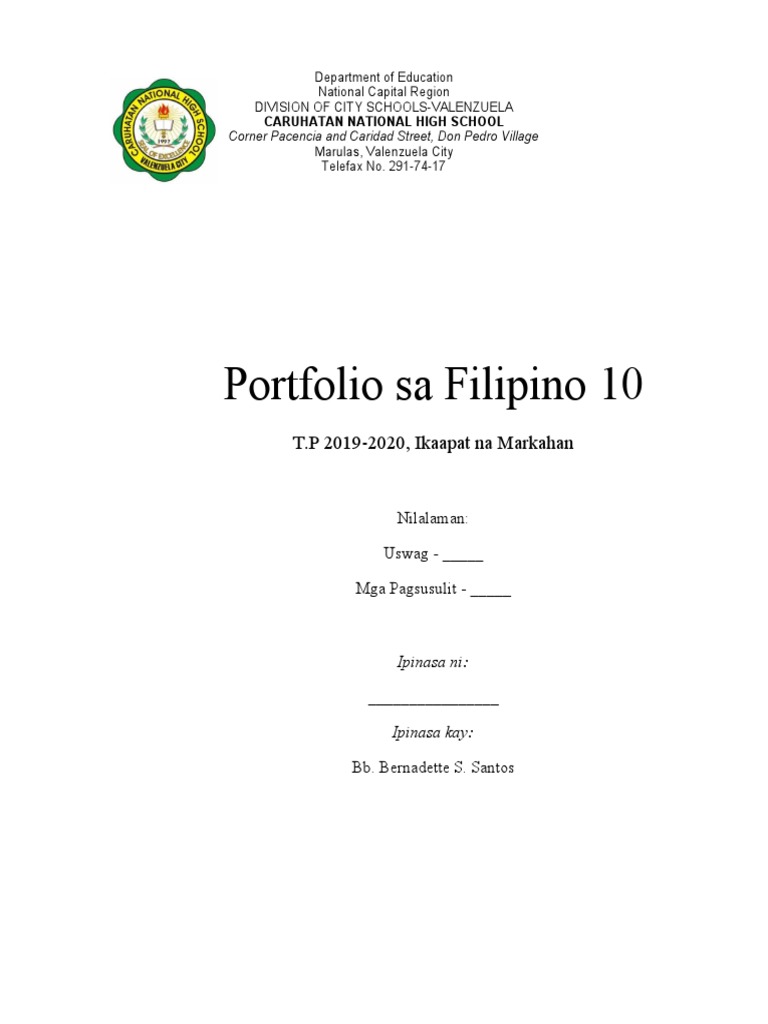 Pabalat ng Portfolio sa Filipino 10 | PDF