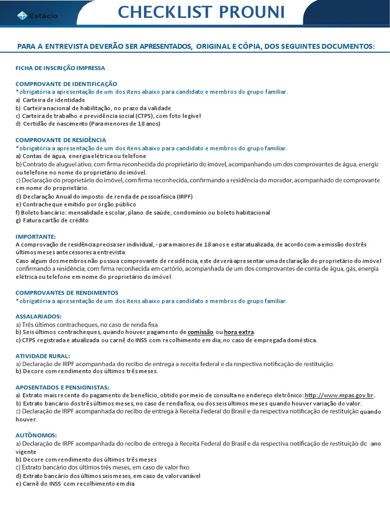 Checklist de Documentos Prouni 2023 | PDF | Renda | Pensão alimentícia