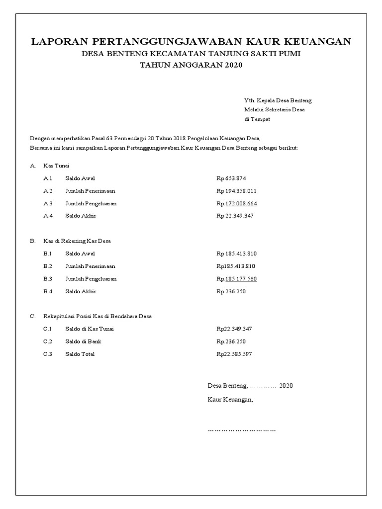 Laporan Pertanggungjawaban Kaur Keuangan | PDF