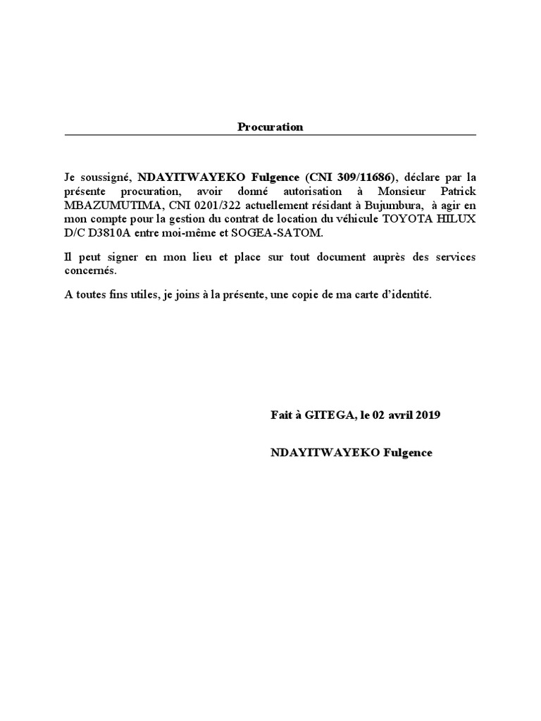 Procuration De Pret De Vehicule