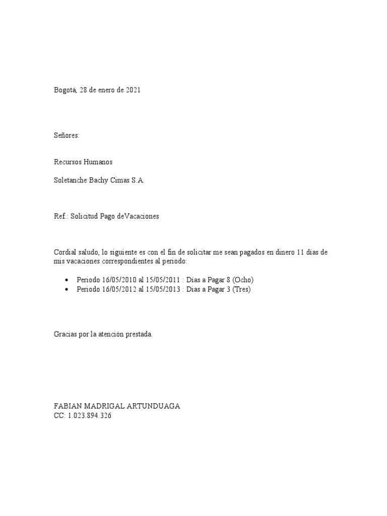 Modelo Carta Para Solicitud De Vacaciones Pagadas En Dinero Pdf