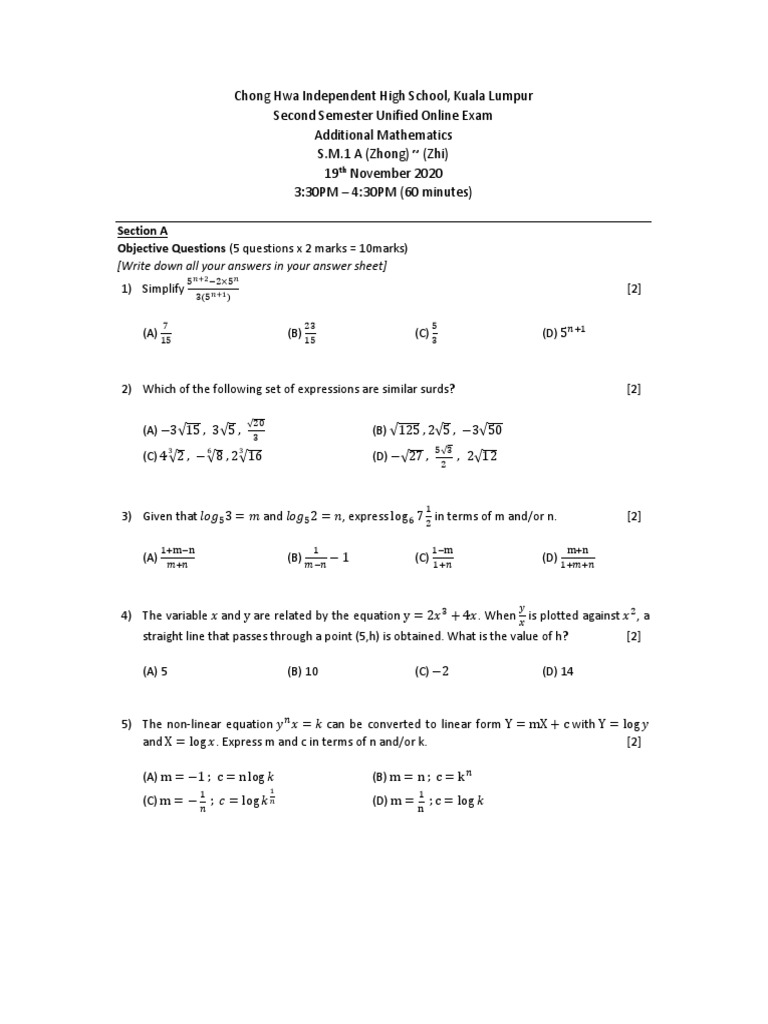 Additional Math Exam Paper 2020 | PDF | Logarithm | Square Root