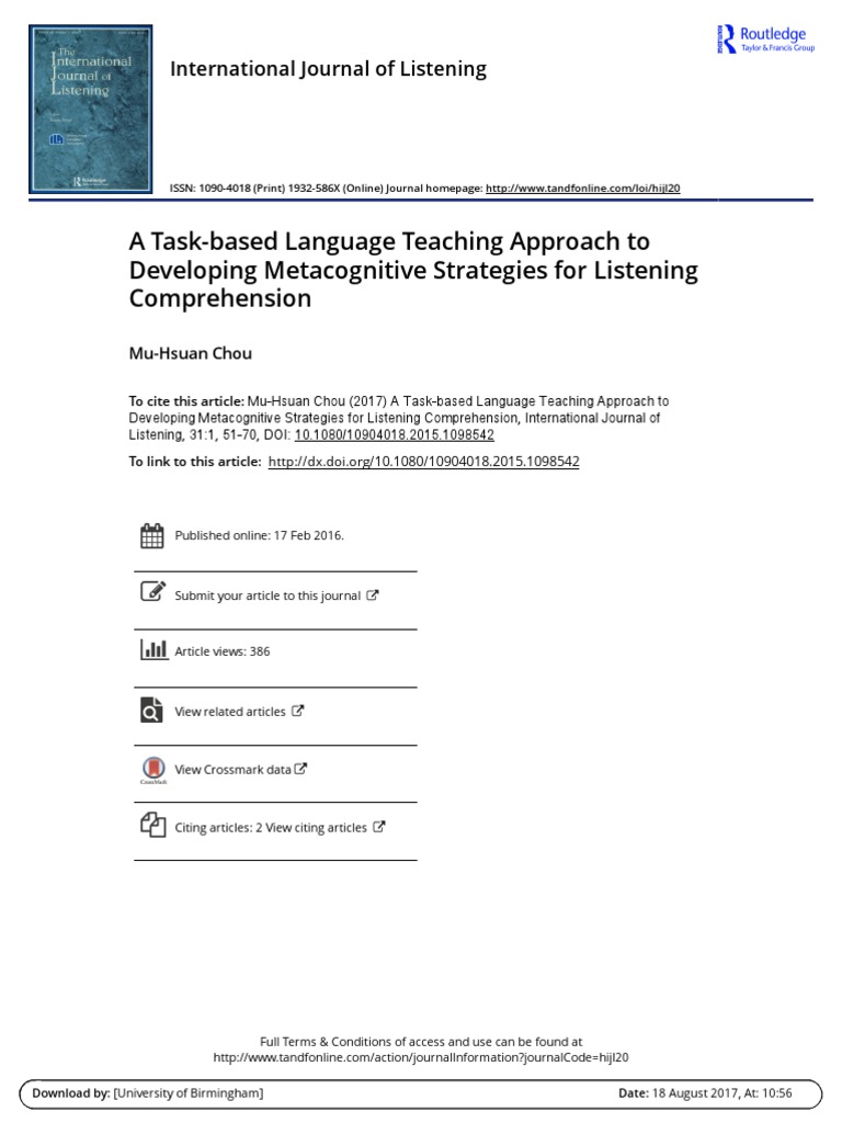 A Task Based Language Teaching Approach To Developing Metacognitive ...