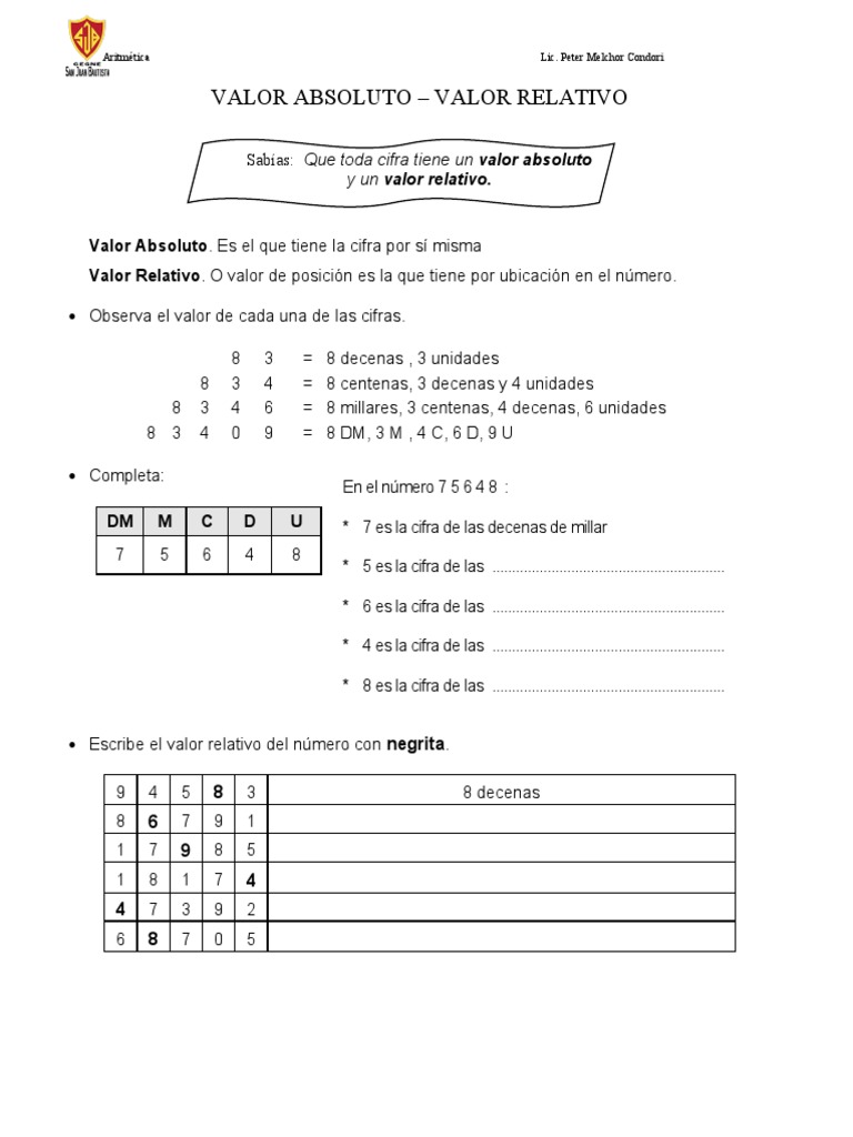 Ejercicios de Valor Absoluto y Relativo | PDF | Vocabulario | Algoritmos