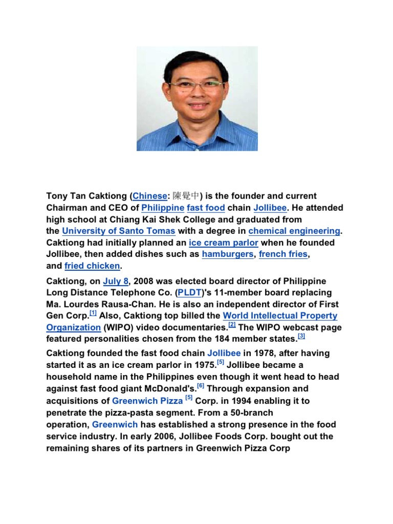 Tony Tan Caktiong | PDF | Economy Of The Philippines | Philippines