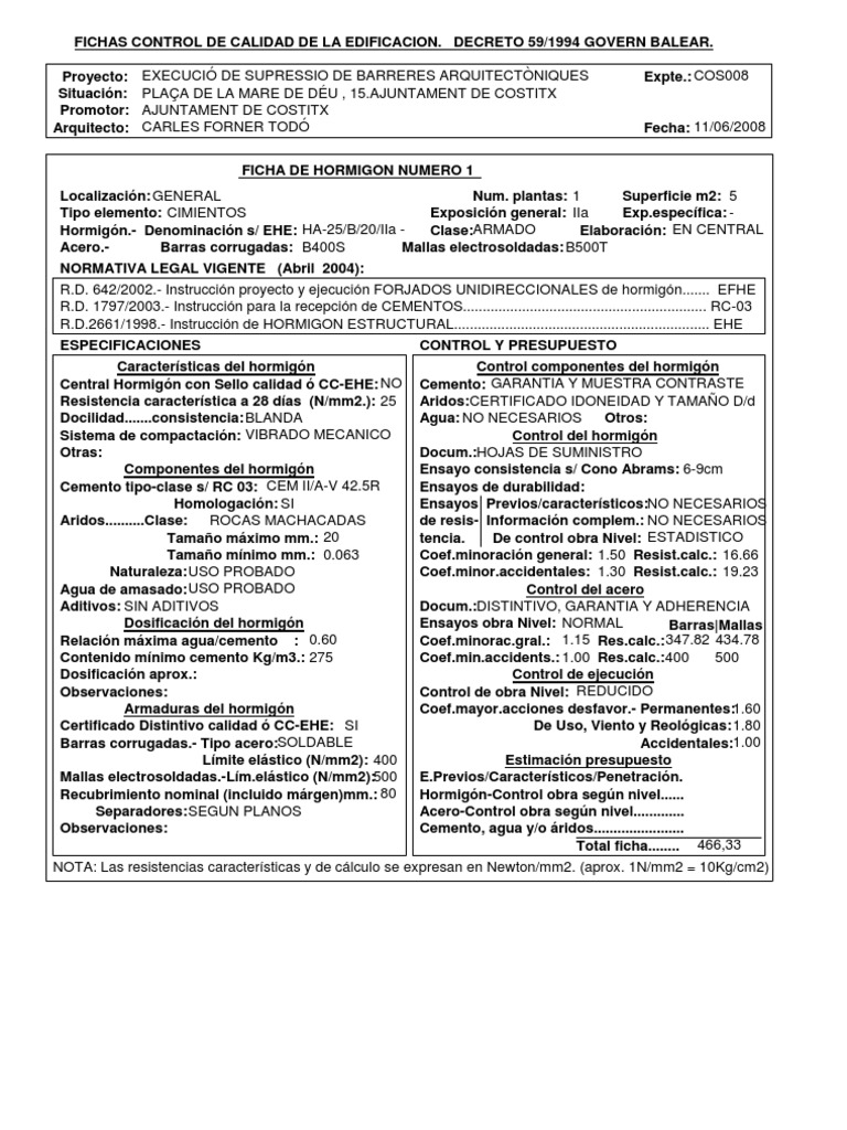 Fichas de Control de Calidad del Hormigón | PDF | Hormigón | Acero