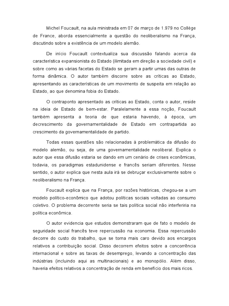 O Nascimento Da Biopolítica Fichamento Aula 07.03.1979 PDF Michel Foucault Economia