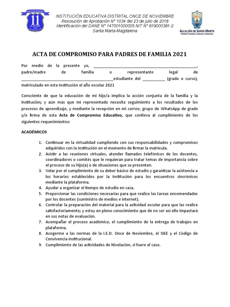Acta de Compromiso Padres de Familia | PDF | Evaluación | Educación ...