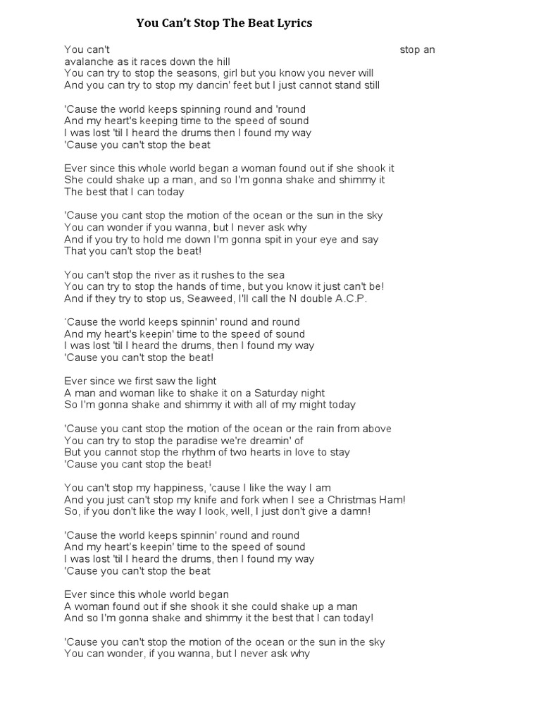You Can T Stop The Beat Hairspray Lyrics Pdf