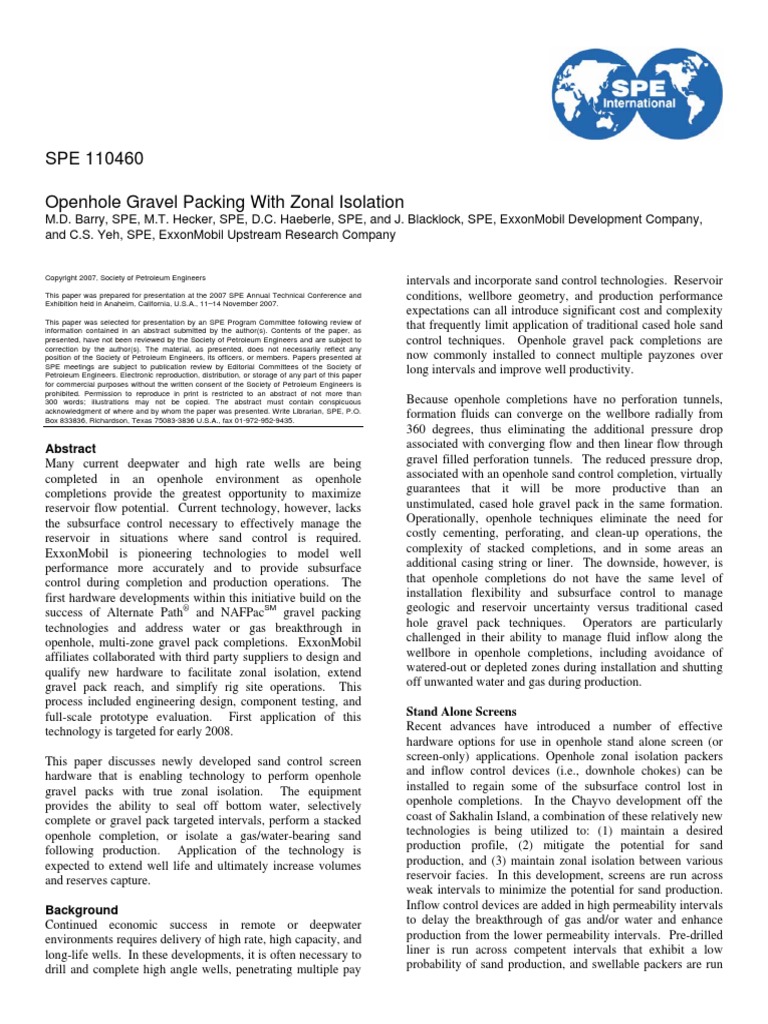 SPE 110460 Openhole Gravel Packing With Zonal Isolation PDF Casing