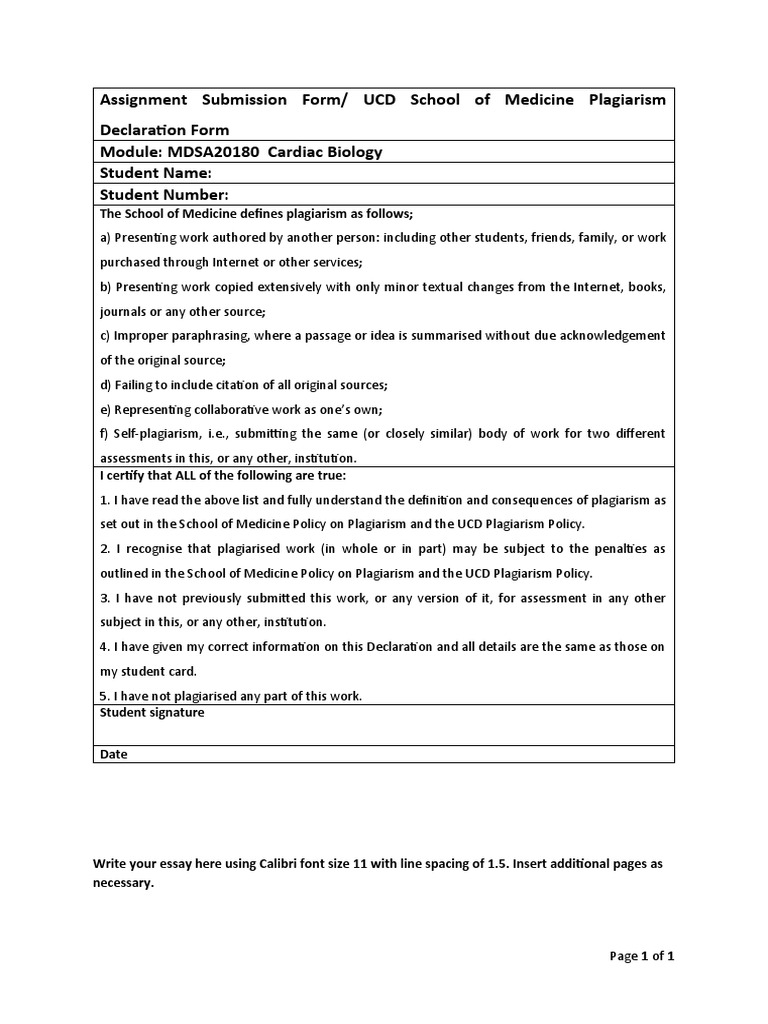 UCD Medicine Assignment Submission Form | PDF