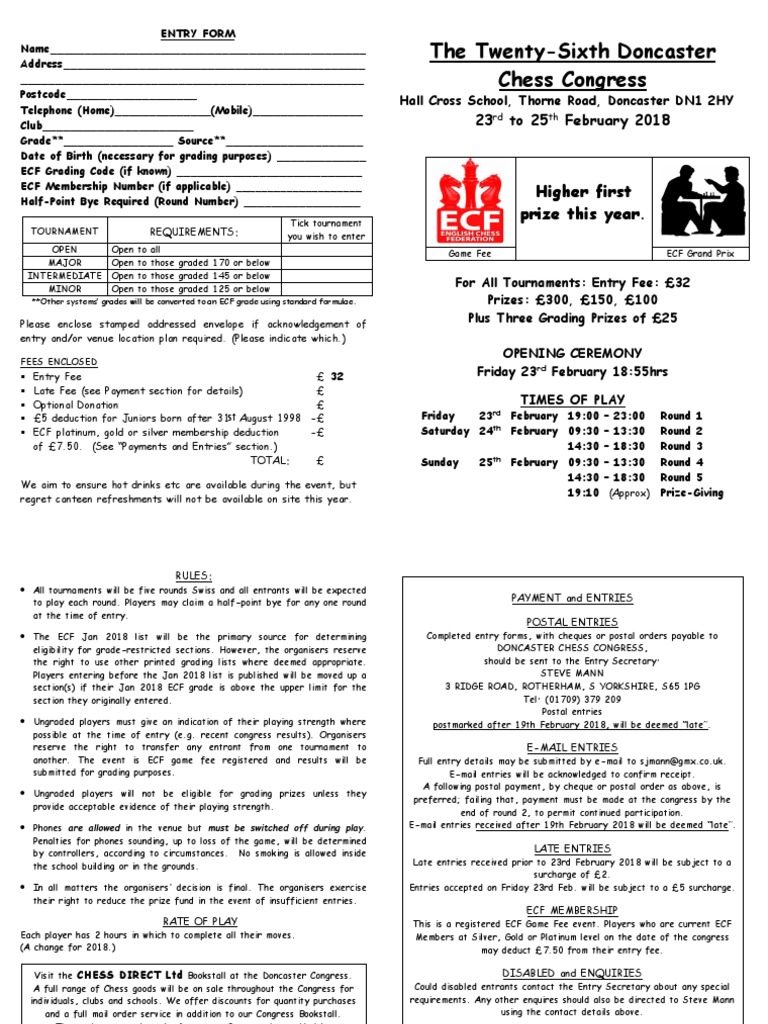 Doncaster Chess Congress Entry Form PDF Fee Business