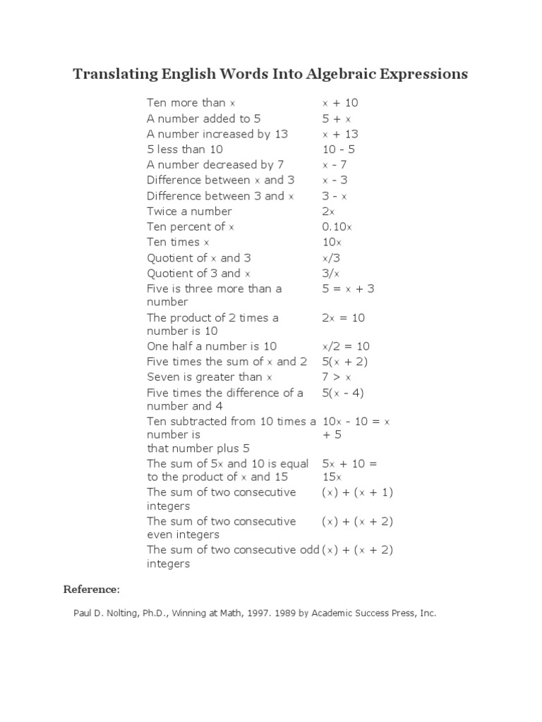 Translating Words to Algebraic Expressions | PDF | Numbers | Integer