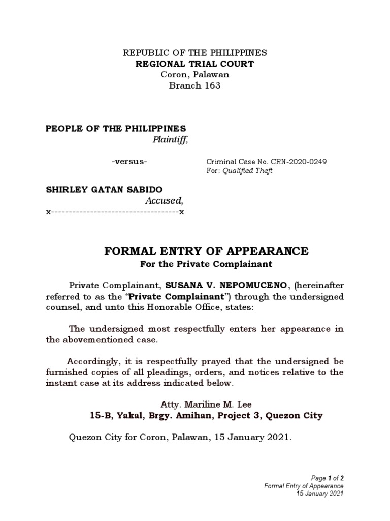 Formal Entry of Appearance in Theft Case | PDF | Law