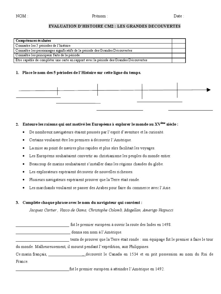 Les Grandes Périodes De L Histoire Cm2 évaluation Eval Grandes Decouvertesmarie | PDF | Grandes découvertes | Christophe  Colomb