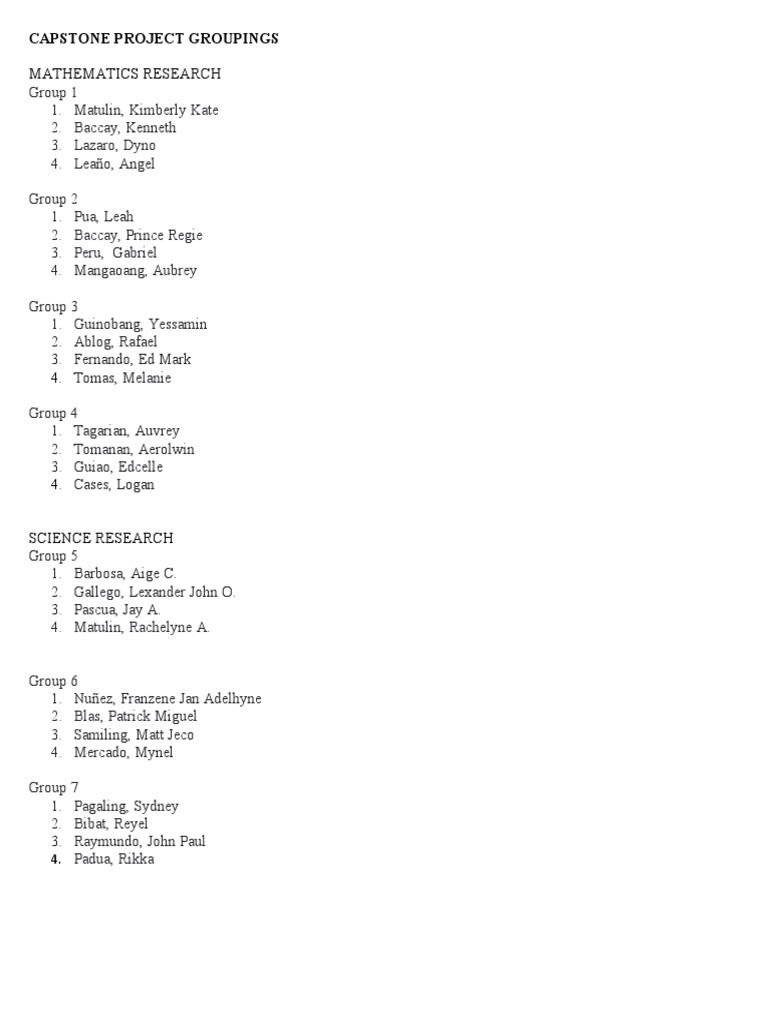Capstone Project Groupings | PDF