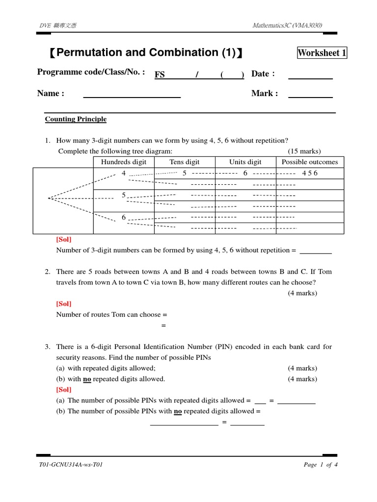 【Permutation and Combination (1) 】: Programme code/Class/No.: FS / Date ...