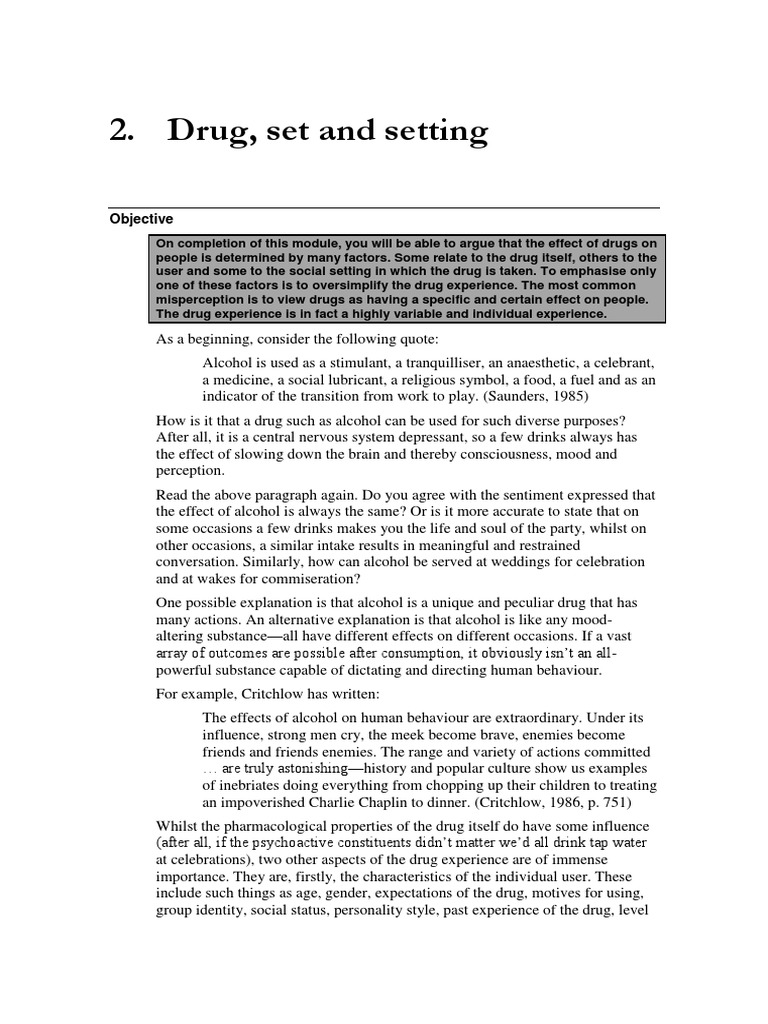 Drug Set Setting Lesson PDF Alcoholism Recreational Drug Use