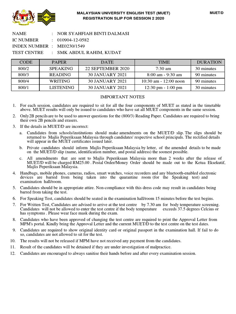 Code Paper Date Time Duration: Malaysian University English Test (Muet ...