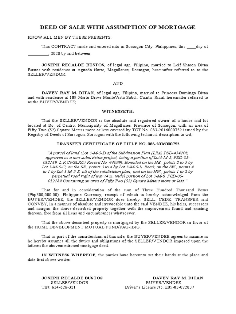 Deed of Sale With Assumption of Mortgage PDF Urban Private Law