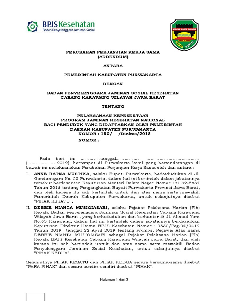 Addendum PKS Jaminan Kesehatan Purwakarta | PDF | Pengelolaan Keuangan ...