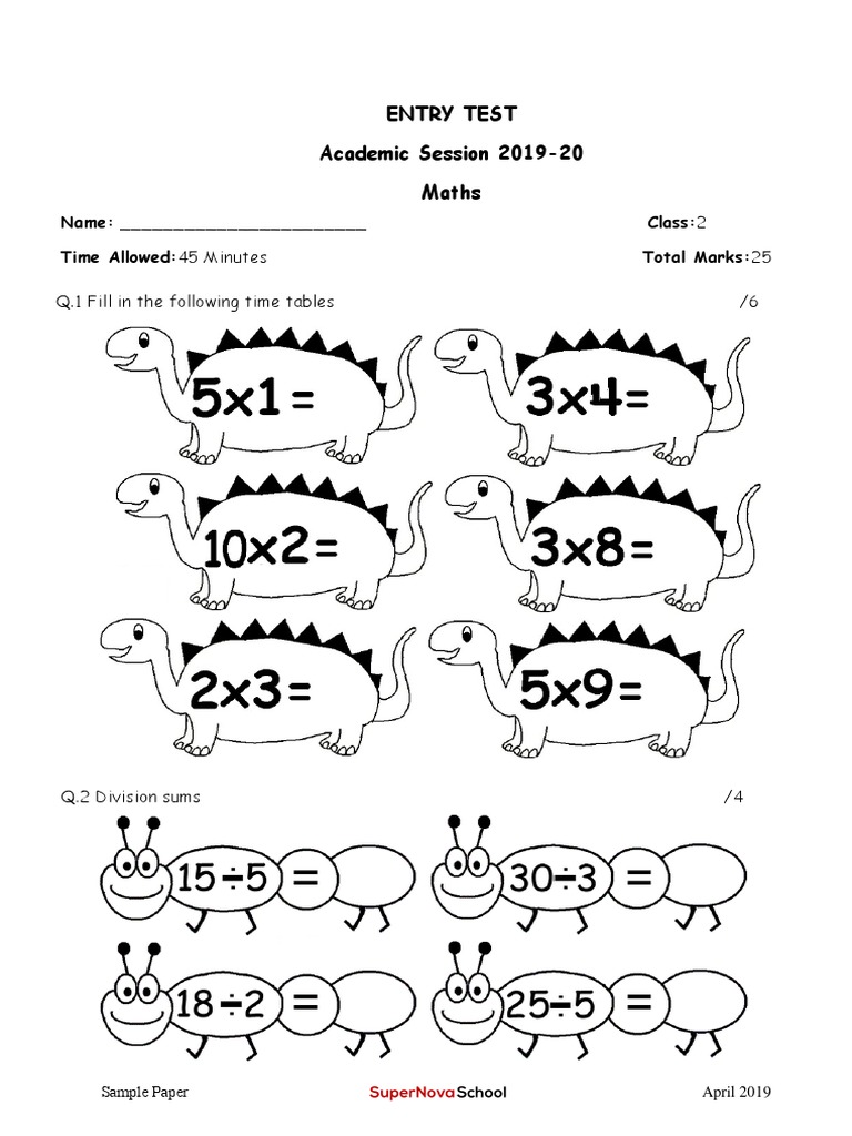 Grade 2 Maths Entry Test Sample | PDF