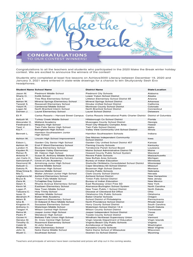 2020 Make the Break Contest Winners | PDF | Schools | Educational ...