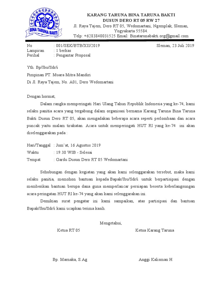 Surat Pengantar Proposal 17an (HUT RI) | PDF | Memasak, Makanan
