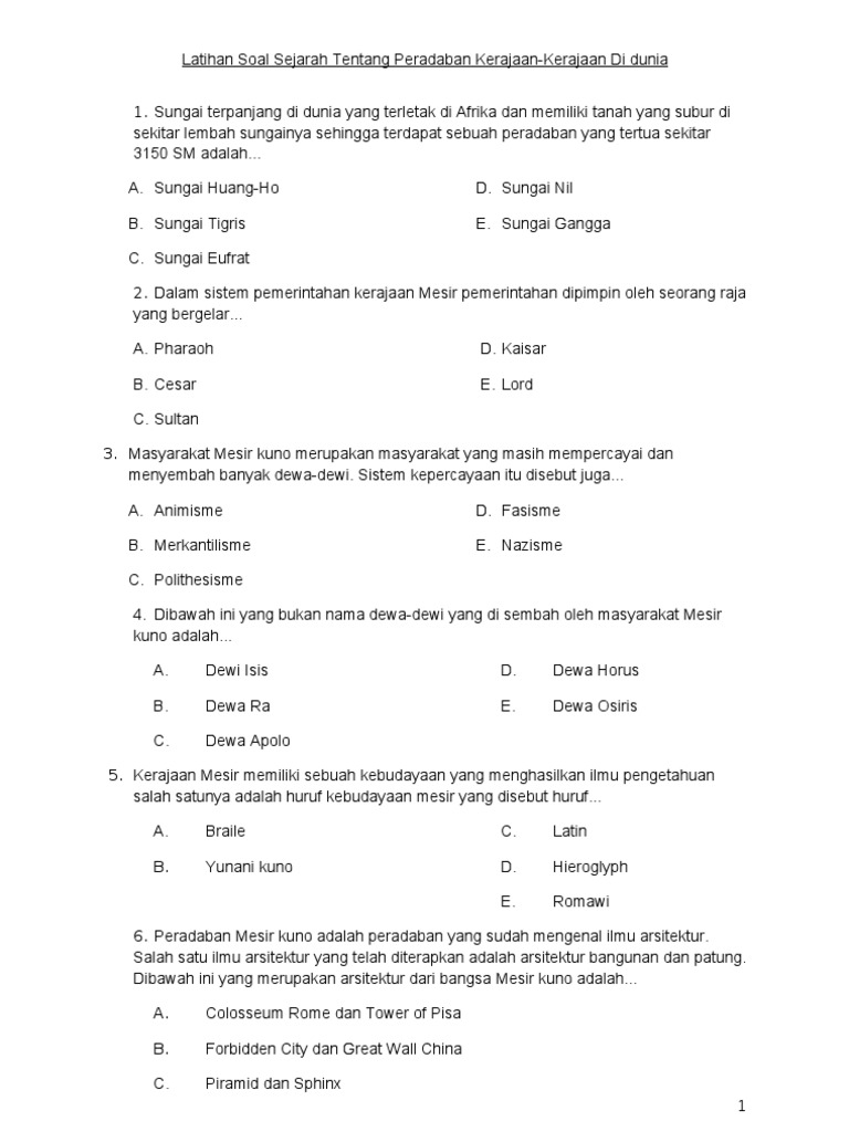 Latihan Soal Sejarah Tentang Peradaban Kerajaan Kerajaan Di Dunia