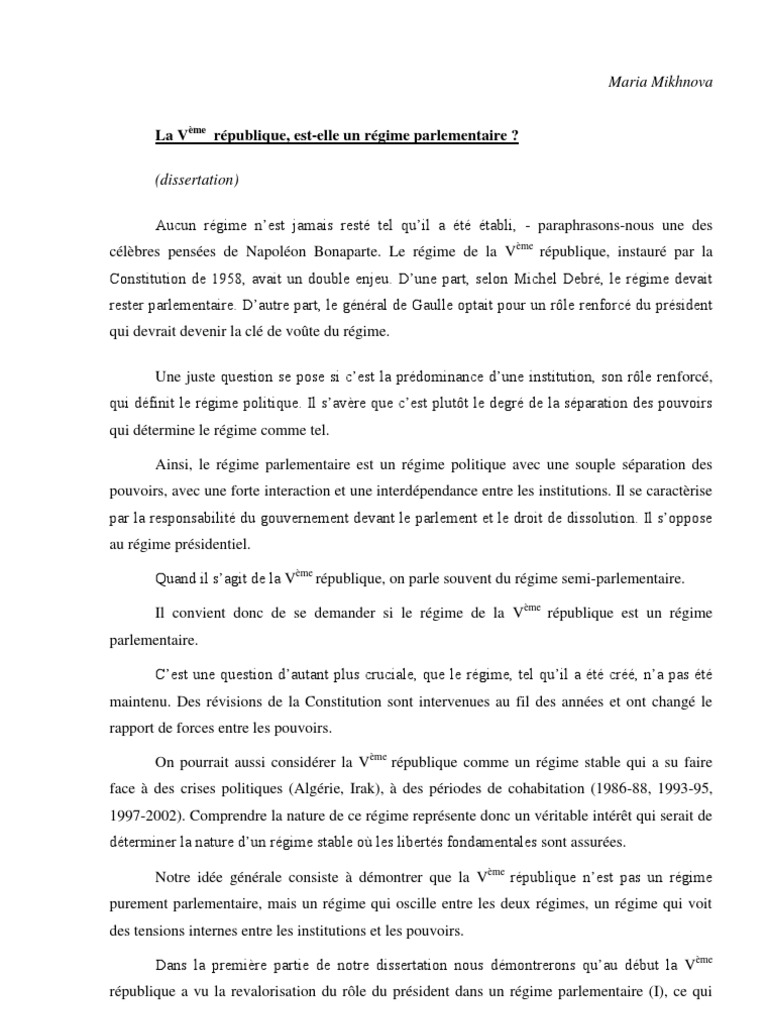 Dissertation Regime Presidentiel Et Regime Parlementaire
